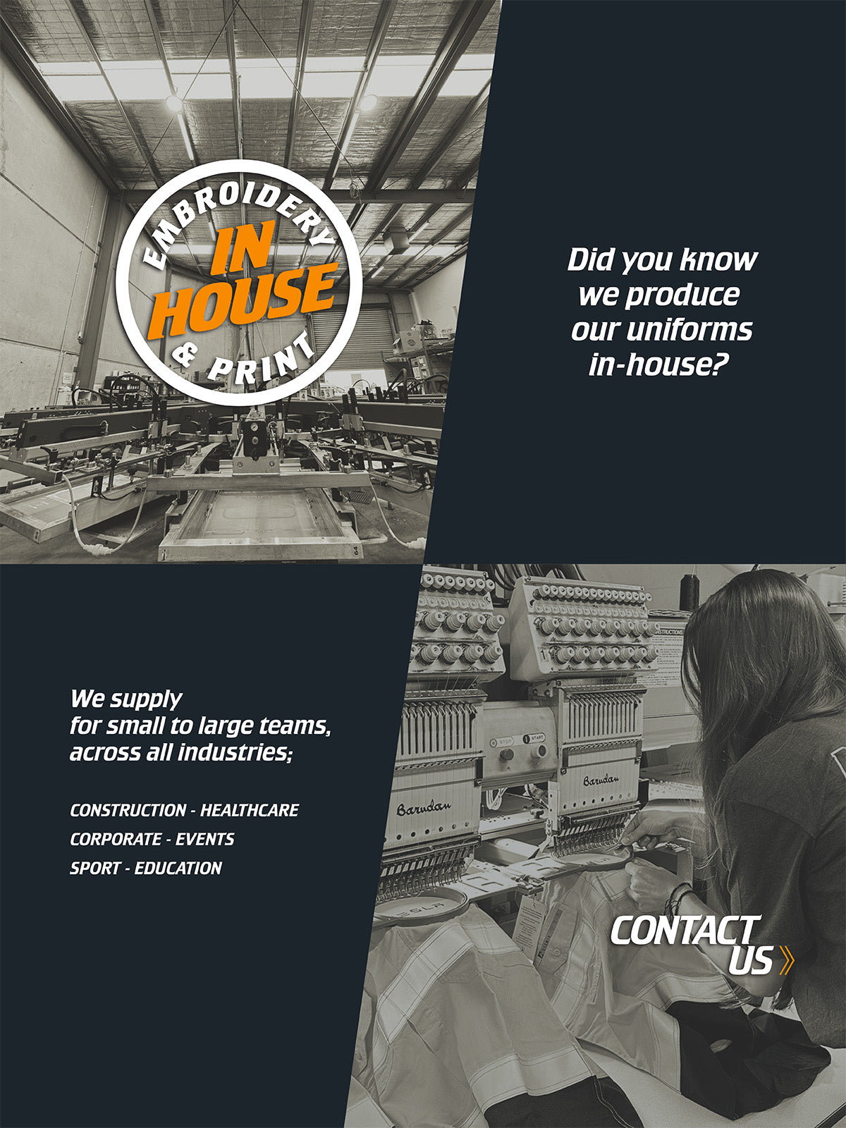 Custom in-house embroidery and printing services banner.